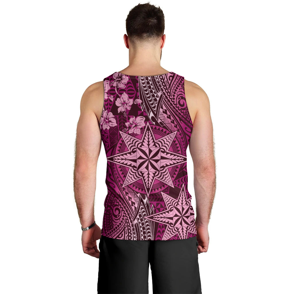 Vintage Tonga Tribal Ngatu Pattern Men Tank Top With Pacific Floral Pink Art LT9 - Polynesian Pride