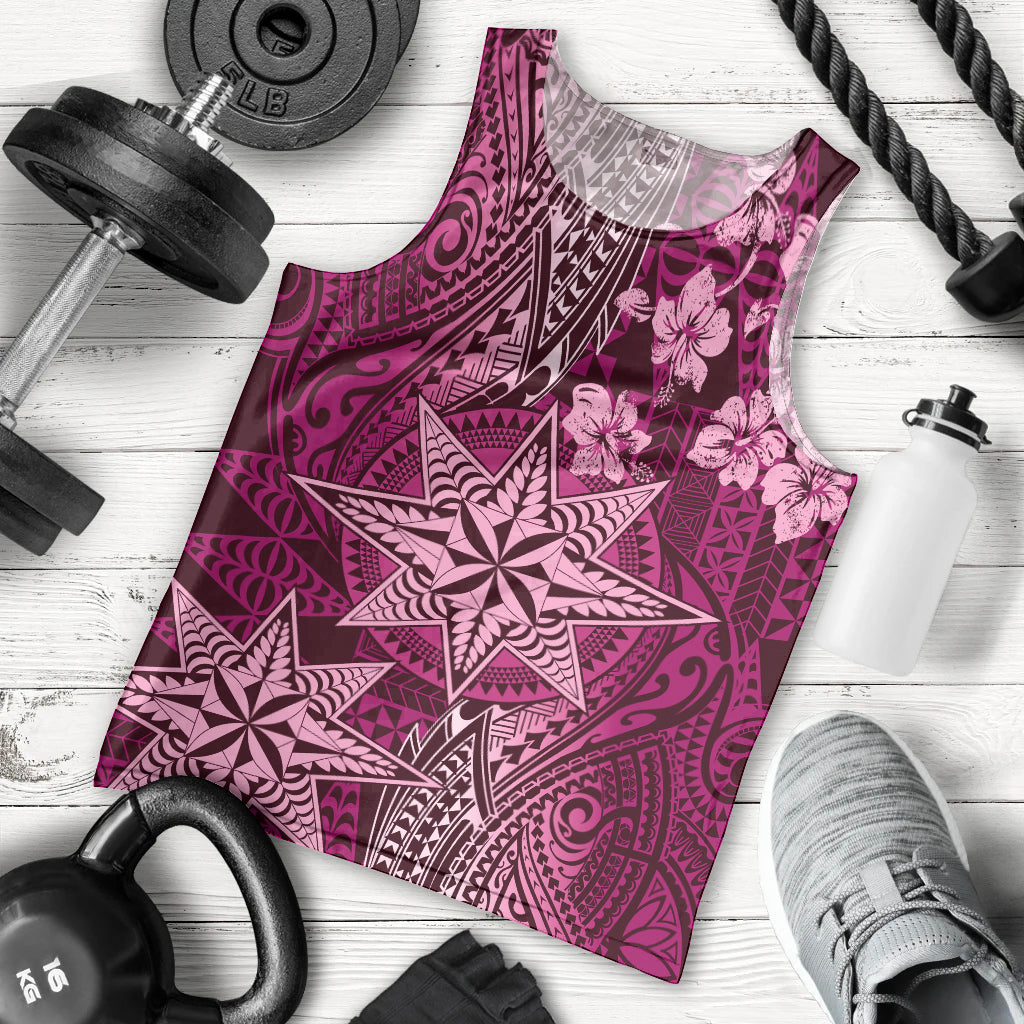 Vintage Tonga Tribal Ngatu Pattern Men Tank Top With Pacific Floral Pink Art LT9 - Polynesian Pride