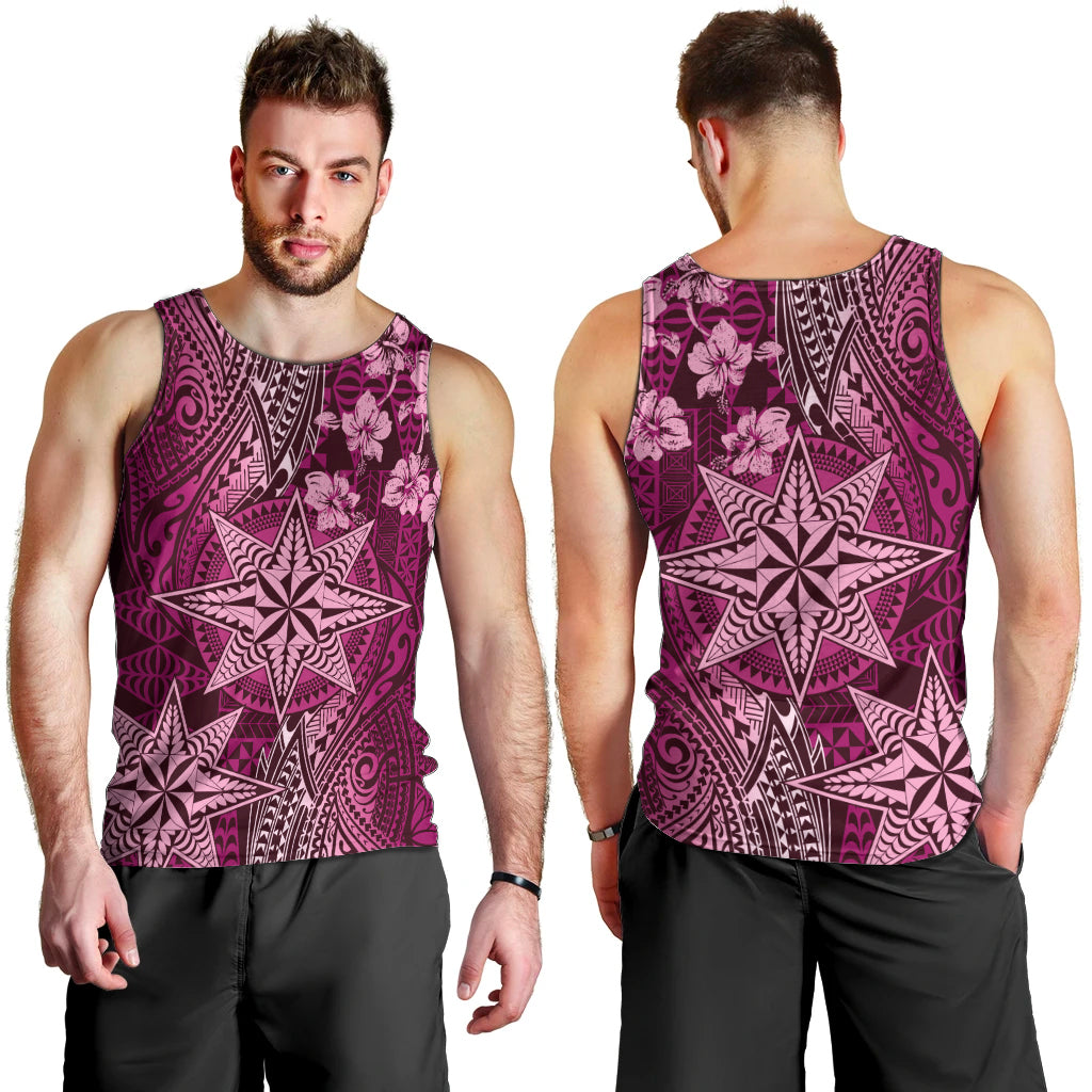 Vintage Tonga Tribal Ngatu Pattern Men Tank Top With Pacific Floral Pink Art LT9 - Polynesian Pride