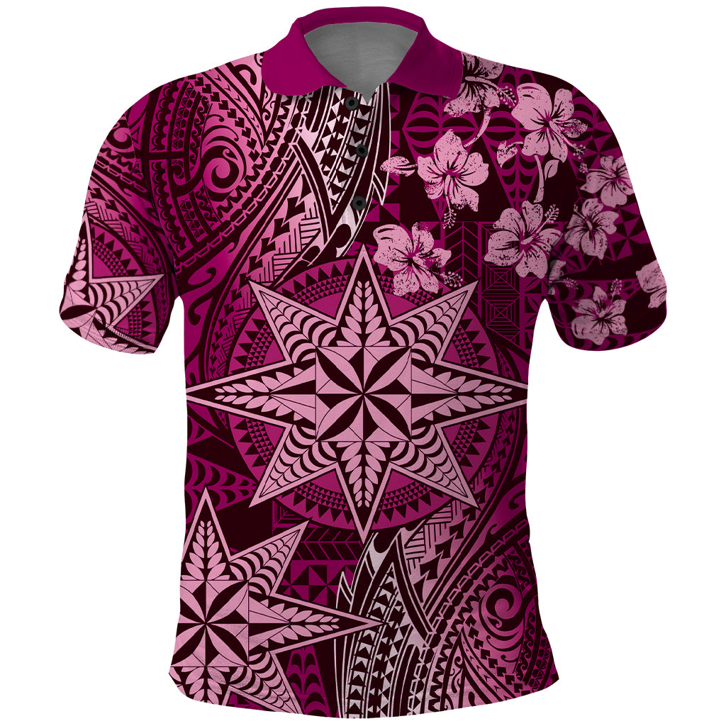 Vintage Tonga Tribal Ngatu Pattern Polo Shirt With Pacific Floral Pink Art