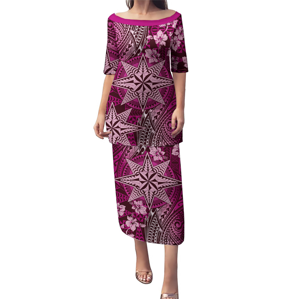 Vintage Tonga Tribal Ngatu Pattern Puletasi With Pacific Floral Pink Art LT9 Long Dress Pink - Polynesian Pride