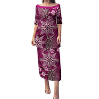 Vintage Tonga Tribal Ngatu Pattern Puletasi With Pacific Floral Pink Art LT9 Long Dress Pink - Polynesian Pride