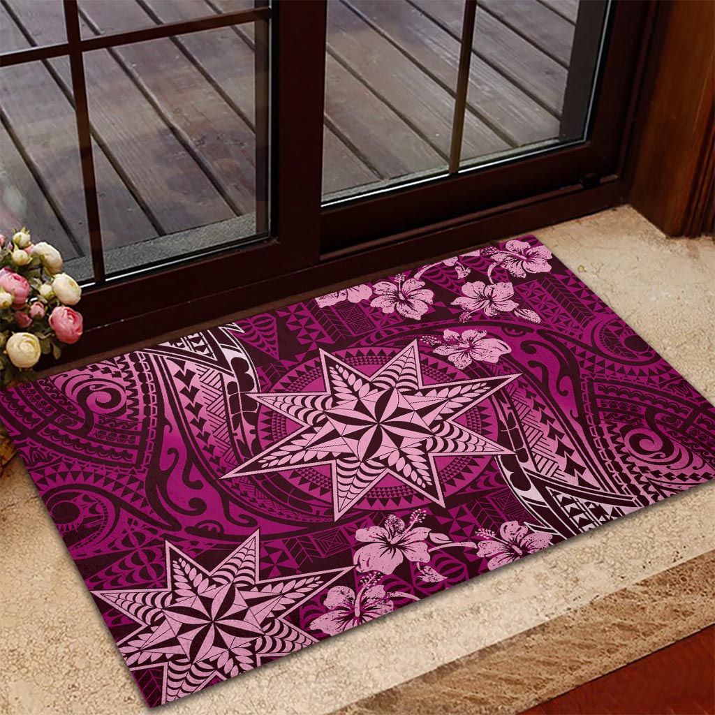 Vintage Tonga Tribal Ngatu Pattern Rubber Doormat With Pacific Floral Pink Art LT9 - Polynesian Pride
