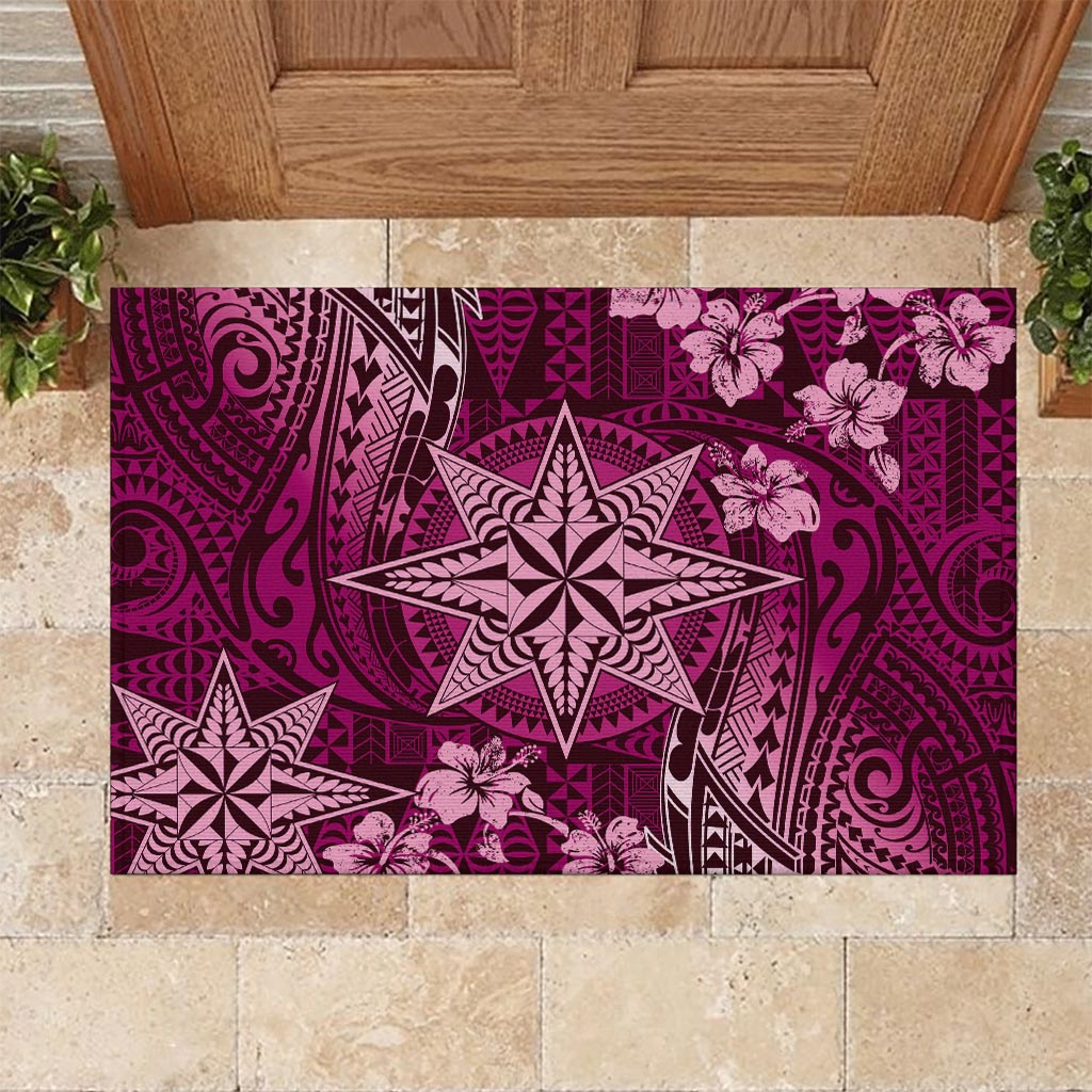 Vintage Tonga Tribal Ngatu Pattern Rubber Doormat With Pacific Floral Pink Art LT9 - Polynesian Pride