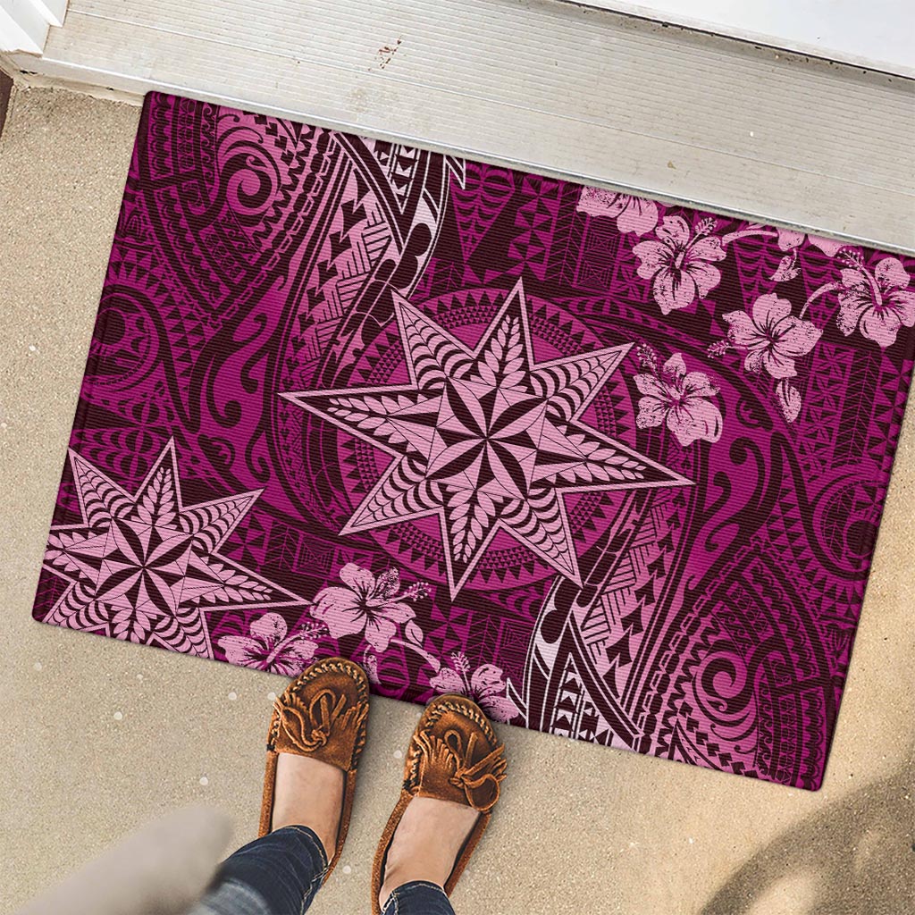 Vintage Tonga Tribal Ngatu Pattern Rubber Doormat With Pacific Floral Pink Art LT9 - Polynesian Pride