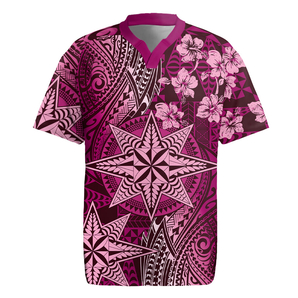 Vintage Tonga Tribal Ngatu Pattern Rugby Jersey With Pacific Floral Pink Art