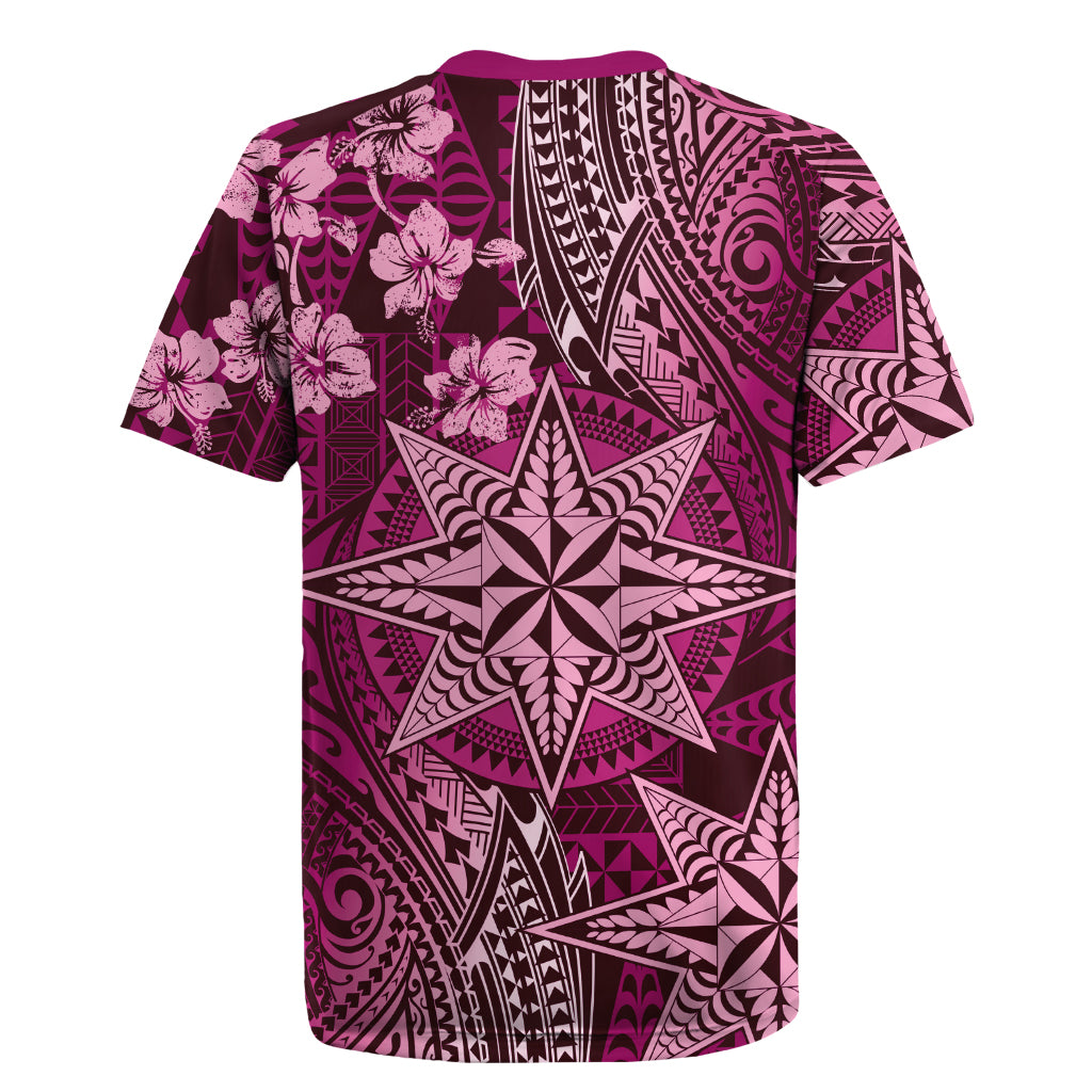 Vintage Tonga Tribal Ngatu Pattern Rugby Jersey With Pacific Floral Pink Art LT9 - Polynesian Pride