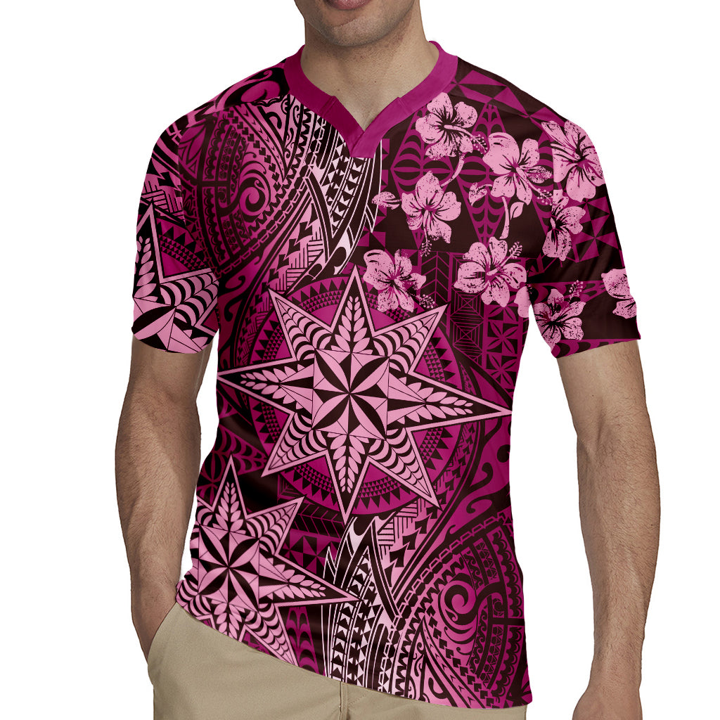 Vintage Tonga Tribal Ngatu Pattern Rugby Jersey With Pacific Floral Pink Art LT9 - Polynesian Pride