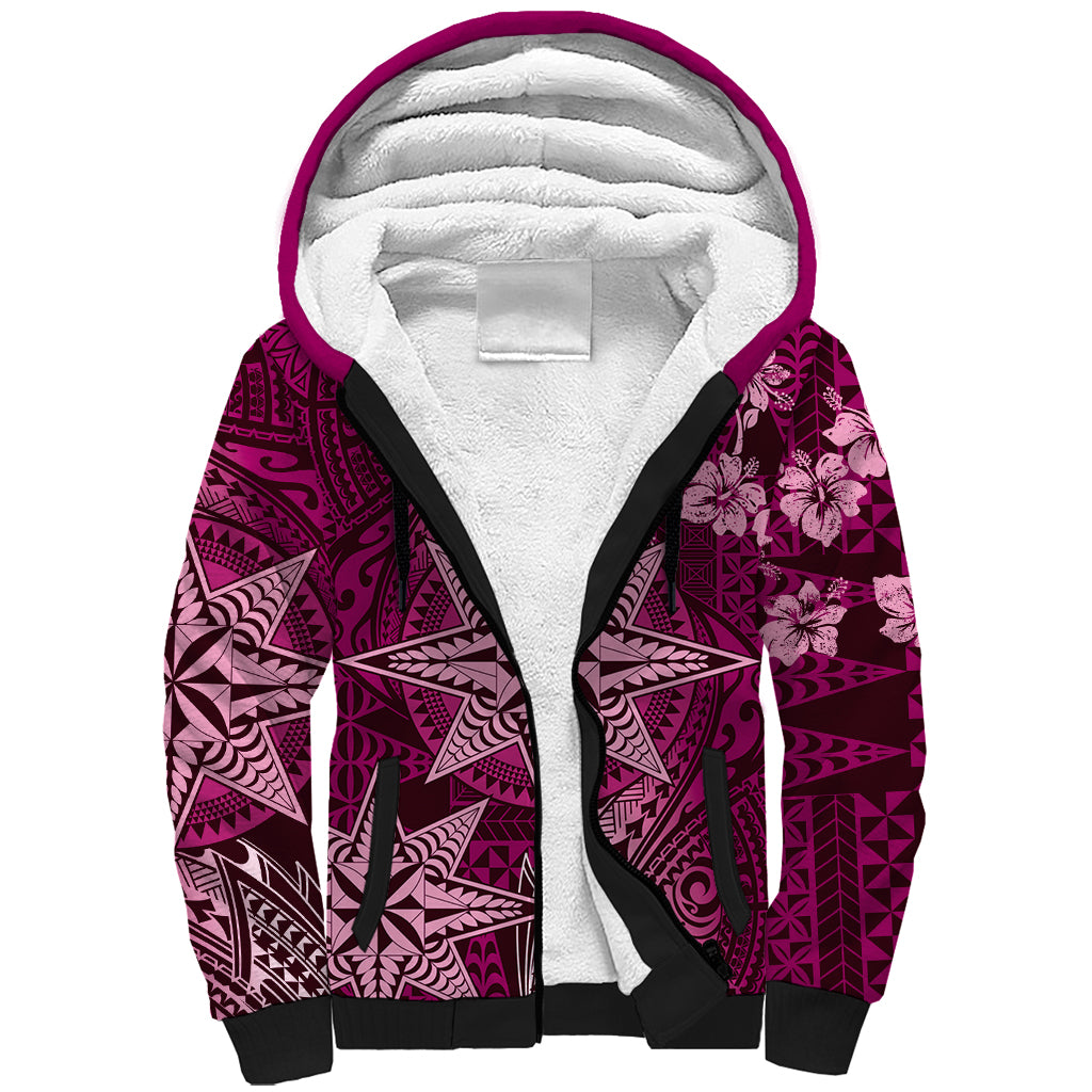 Vintage Tonga Tribal Ngatu Pattern Sherpa Hoodie With Pacific Floral Pink Art LT9 Unisex Pink - Polynesian Pride