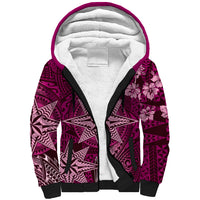 Vintage Tonga Tribal Ngatu Pattern Sherpa Hoodie With Pacific Floral Pink Art LT9 Unisex Pink - Polynesian Pride