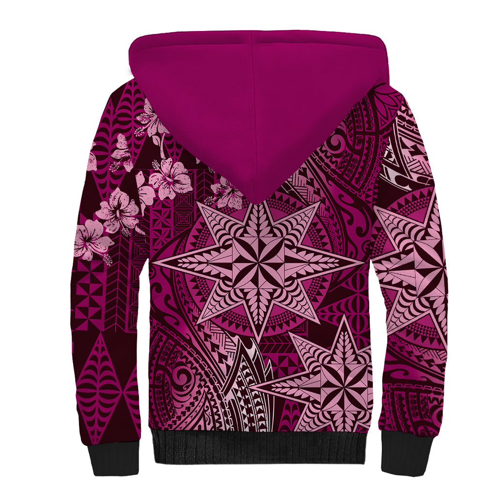 Vintage Tonga Tribal Ngatu Pattern Sherpa Hoodie With Pacific Floral Pink Art LT9 - Polynesian Pride