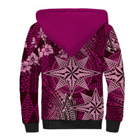 Vintage Tonga Tribal Ngatu Pattern Sherpa Hoodie With Pacific Floral Pink Art LT9 - Polynesian Pride