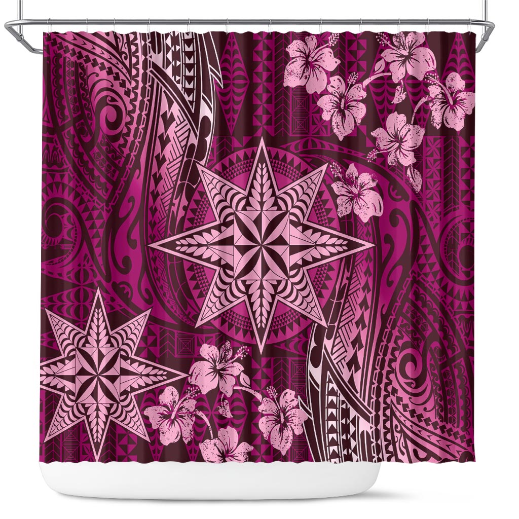 Vintage Tonga Tribal Ngatu Pattern Shower Curtain With Pacific Floral Pink Art