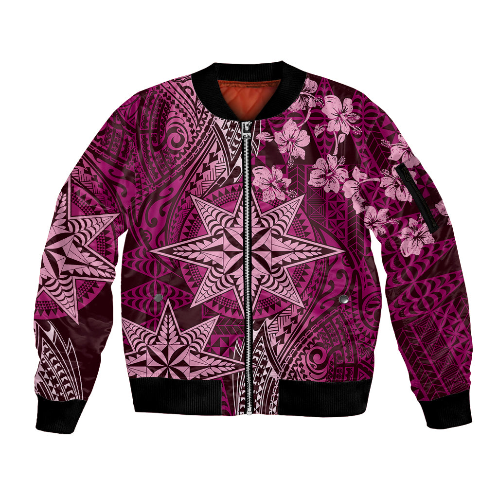 Vintage Tonga Tribal Ngatu Pattern Sleeve Zip Bomber Jacket With Pacific Floral Pink Art LT9 Unisex Pink - Polynesian Pride