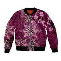 Vintage Tonga Tribal Ngatu Pattern Sleeve Zip Bomber Jacket With Pacific Floral Pink Art LT9 Unisex Pink - Polynesian Pride