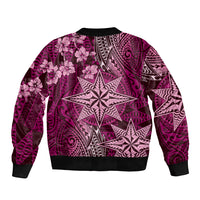 Vintage Tonga Tribal Ngatu Pattern Sleeve Zip Bomber Jacket With Pacific Floral Pink Art LT9 - Polynesian Pride