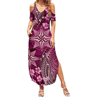 Vintage Tonga Tribal Ngatu Pattern Summer Maxi Dress With Pacific Floral Pink Art LT9 Women Pink - Polynesian Pride