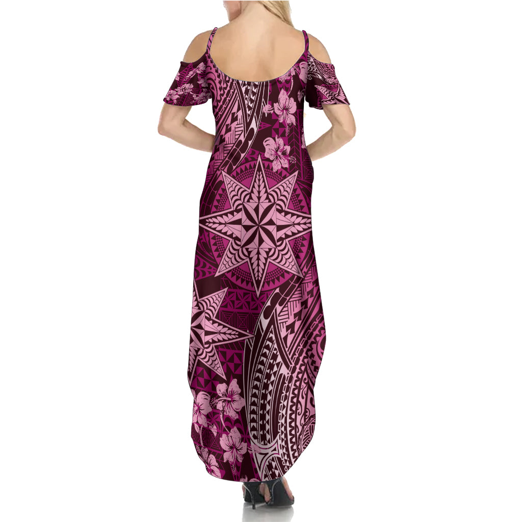 Vintage Tonga Tribal Ngatu Pattern Summer Maxi Dress With Pacific Floral Pink Art LT9 - Polynesian Pride