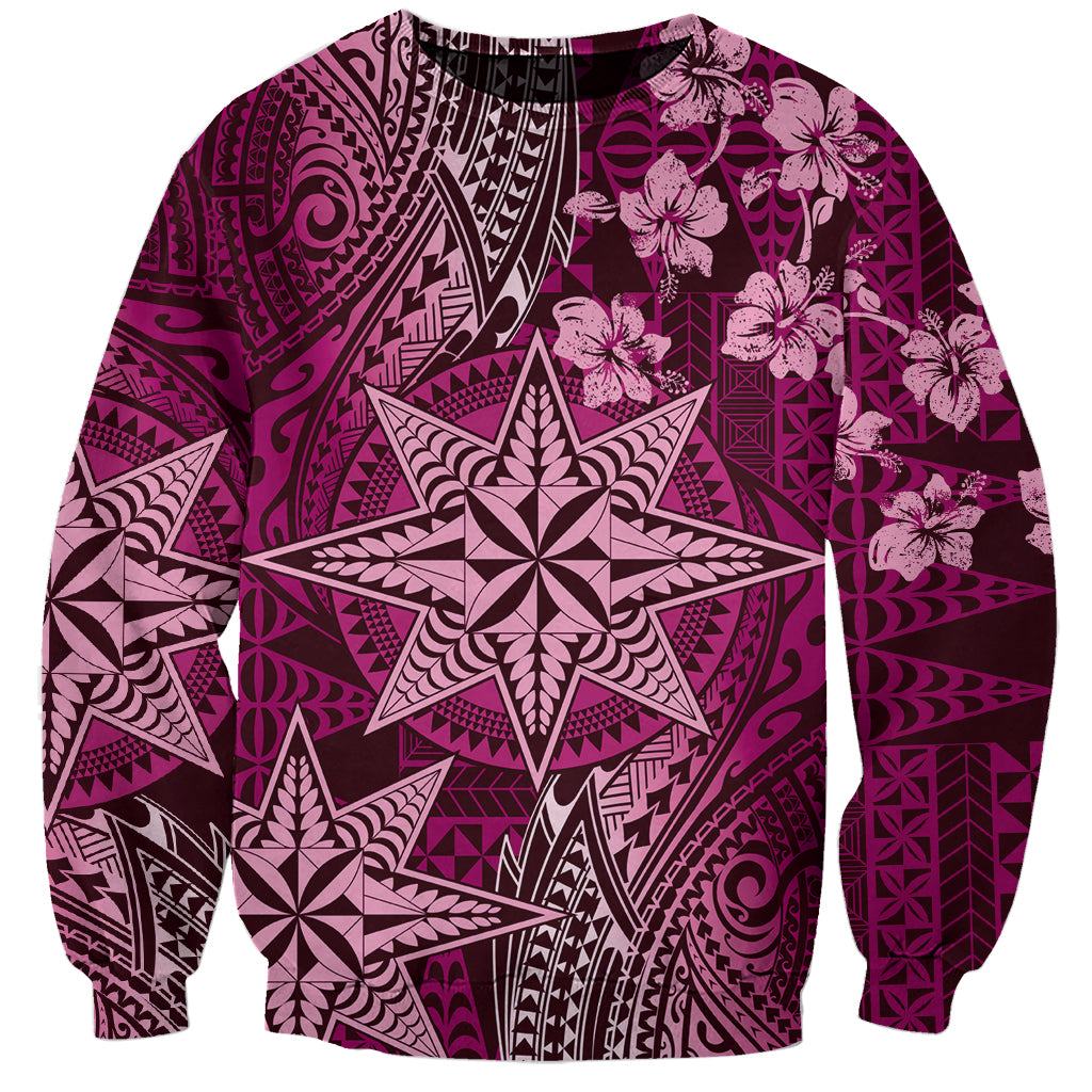 Vintage Tonga Tribal Ngatu Pattern Sweatshirt With Pacific Floral Pink Art LT9 Unisex Pink - Polynesian Pride