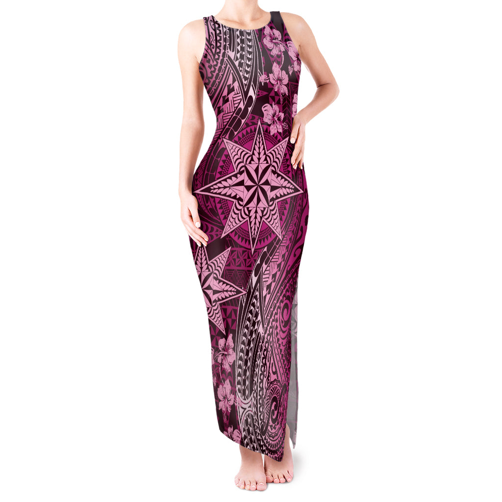 Vintage Tonga Tribal Ngatu Pattern Tank Maxi Dress With Pacific Floral Pink Art LT9 Women Pink - Polynesian Pride