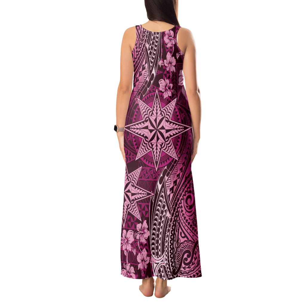 Vintage Tonga Tribal Ngatu Pattern Tank Maxi Dress With Pacific Floral Pink Art LT9 - Polynesian Pride