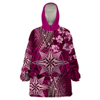 Vintage Tonga Tribal Ngatu Pattern Wearable Blanket Hoodie With Pacific Floral Pink Art