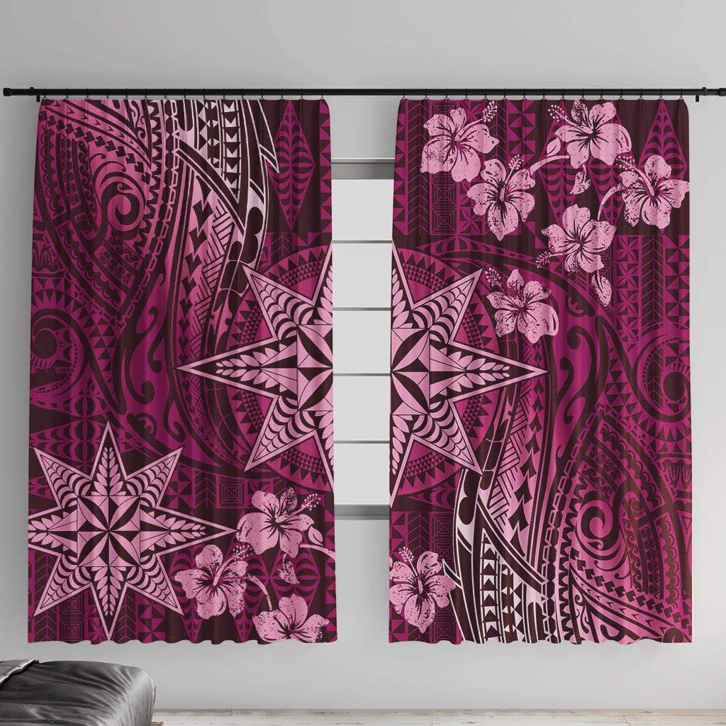 Vintage Tonga Tribal Ngatu Pattern Window Curtain With Pacific Floral Pink Art