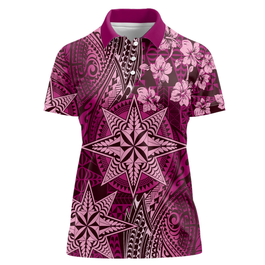 Vintage Tonga Tribal Ngatu Pattern Women Polo Shirt With Pacific Floral Pink Art