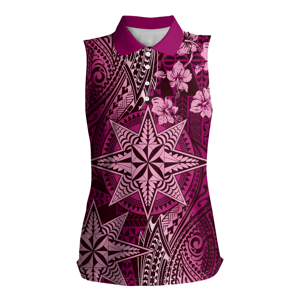 Vintage Tonga Tribal Ngatu Pattern Women Sleeveless Polo Shirt With Pacific Floral Pink Art