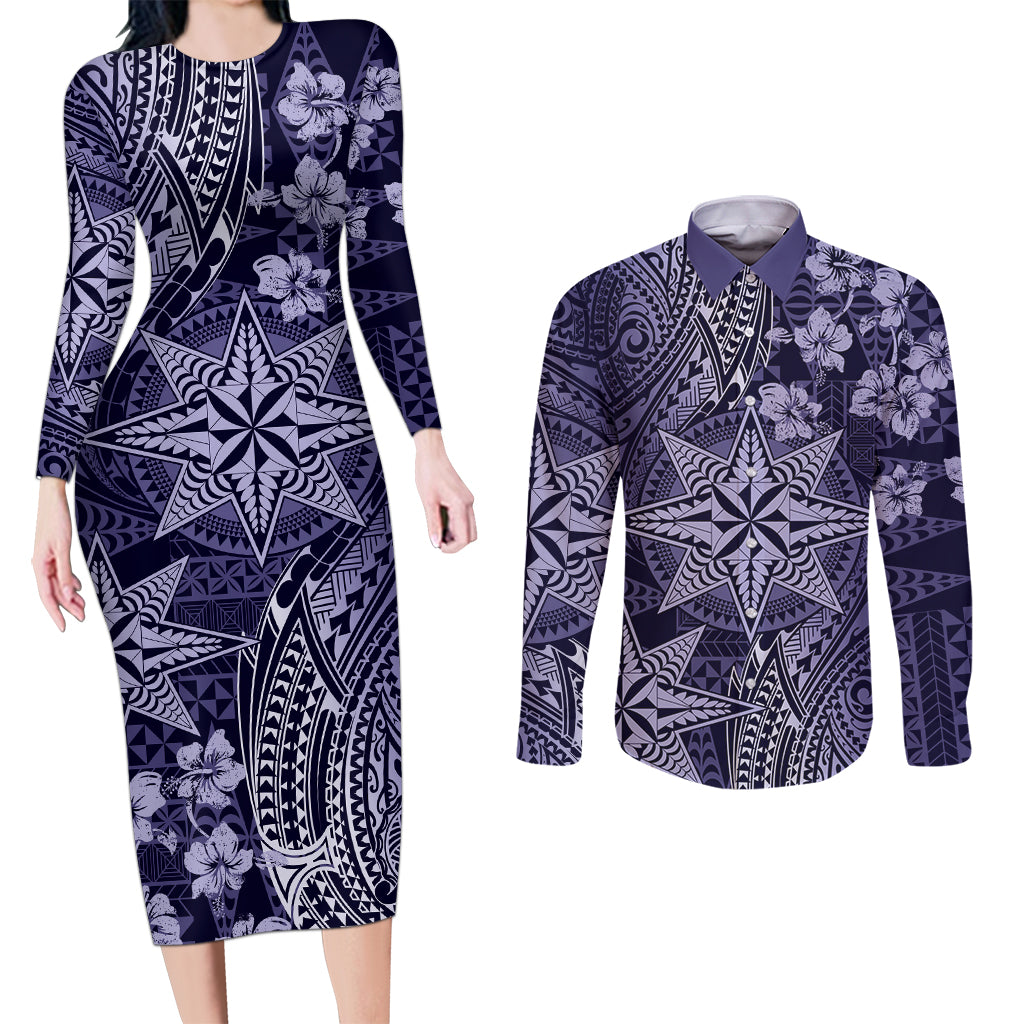 Vintage Tonga Tribal Ngatu Pattern Couples Matching Long Sleeve Bodycon Dress and Long Sleeve Button Shirt With Pacific Floral Pink Art LT9 Pink - Polynesian Pride