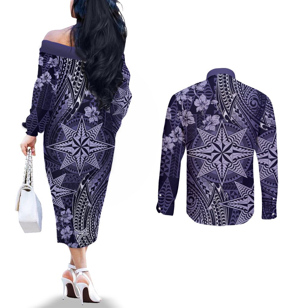 Vintage Tonga Tribal Ngatu Pattern Couples Matching Off The Shoulder Long Sleeve Dress and Long Sleeve Button Shirt With Pacific Floral Pink Art