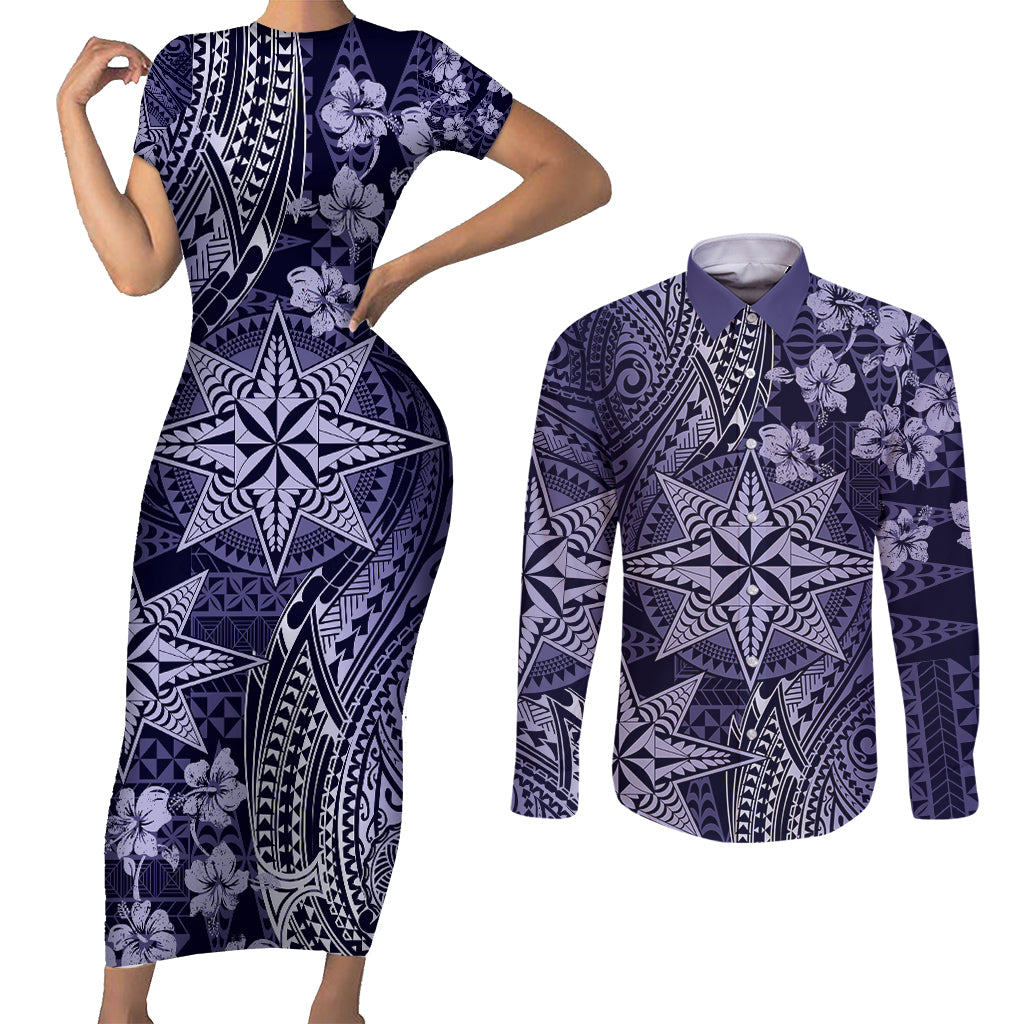Vintage Tonga Tribal Ngatu Pattern Couples Matching Short Sleeve Bodycon Dress and Long Sleeve Button Shirt With Pacific Floral Pink Art LT9 Pink - Polynesian Pride