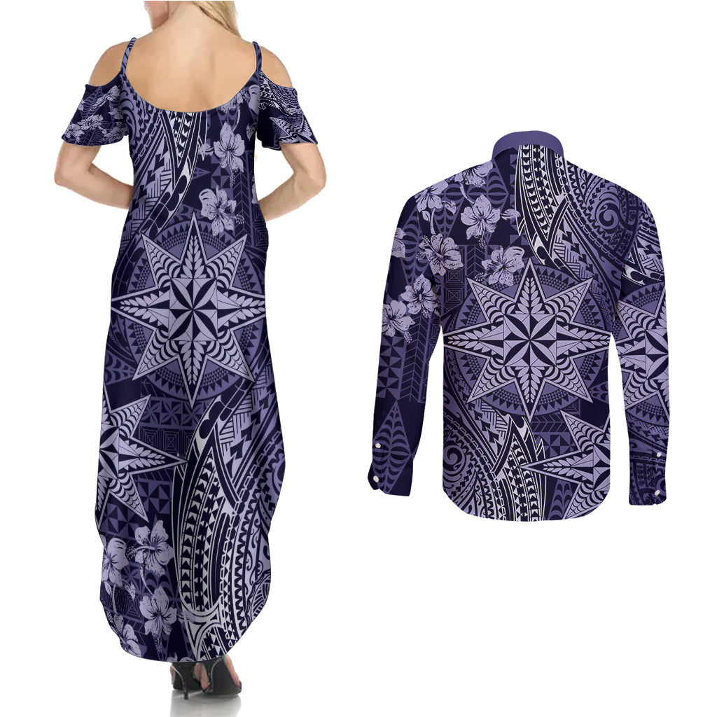 Vintage Tonga Tribal Ngatu Pattern Couples Matching Summer Maxi Dress and Long Sleeve Button Shirt With Pacific Floral Pink Art LT9 - Polynesian Pride