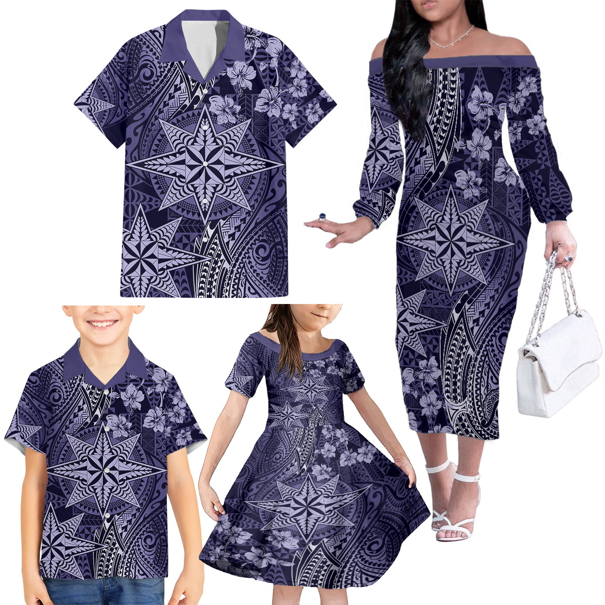 Vintage Tonga Tribal Ngatu Pattern Family Matching Off The Shoulder Long Sleeve Dress and Hawaiian Shirt With Pacific Floral Pink Art