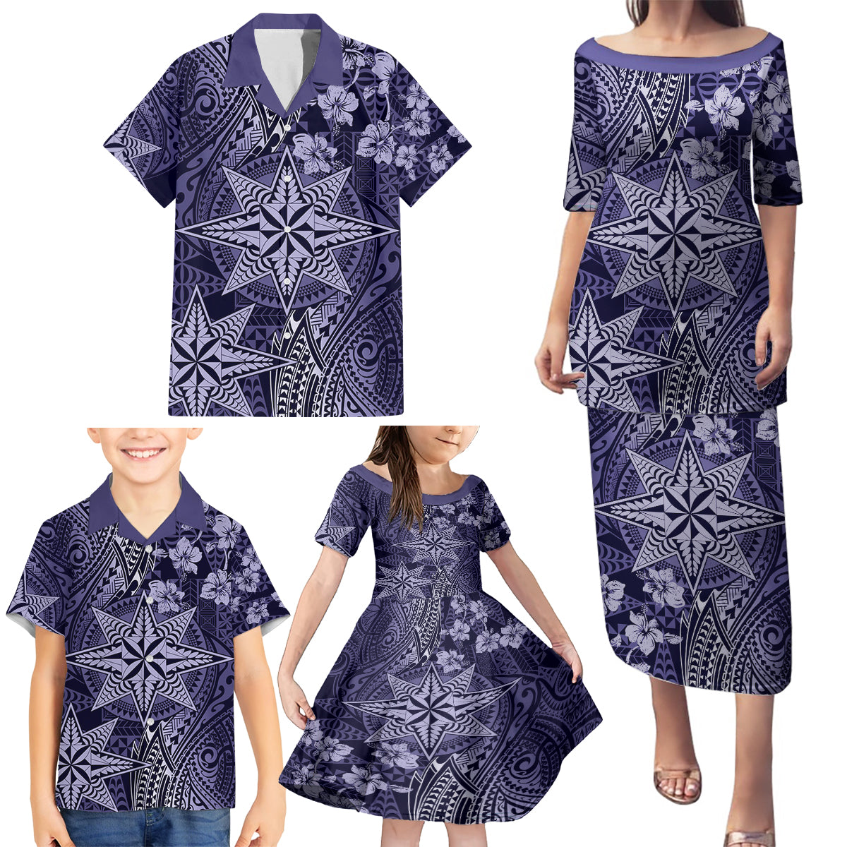 Vintage Tonga Tribal Ngatu Pattern Family Matching Puletasi and Hawaiian Shirt With Pacific Floral Pink Art LT9 - Polynesian Pride