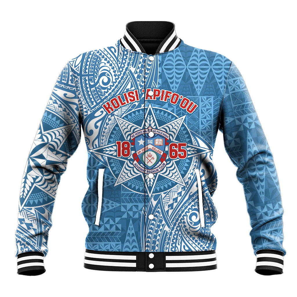 Personalised Tonga Apifo'ou College Baseball Jacket Since 1865 Special Kupesi Pattern LT9 Unisex Blue - Polynesian Pride