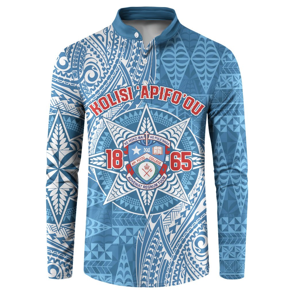 Personalised Tonga Apifo'ou College Button Sweatshirt Since 1865 Special Kupesi Pattern LT9 Blue - Polynesian Pride