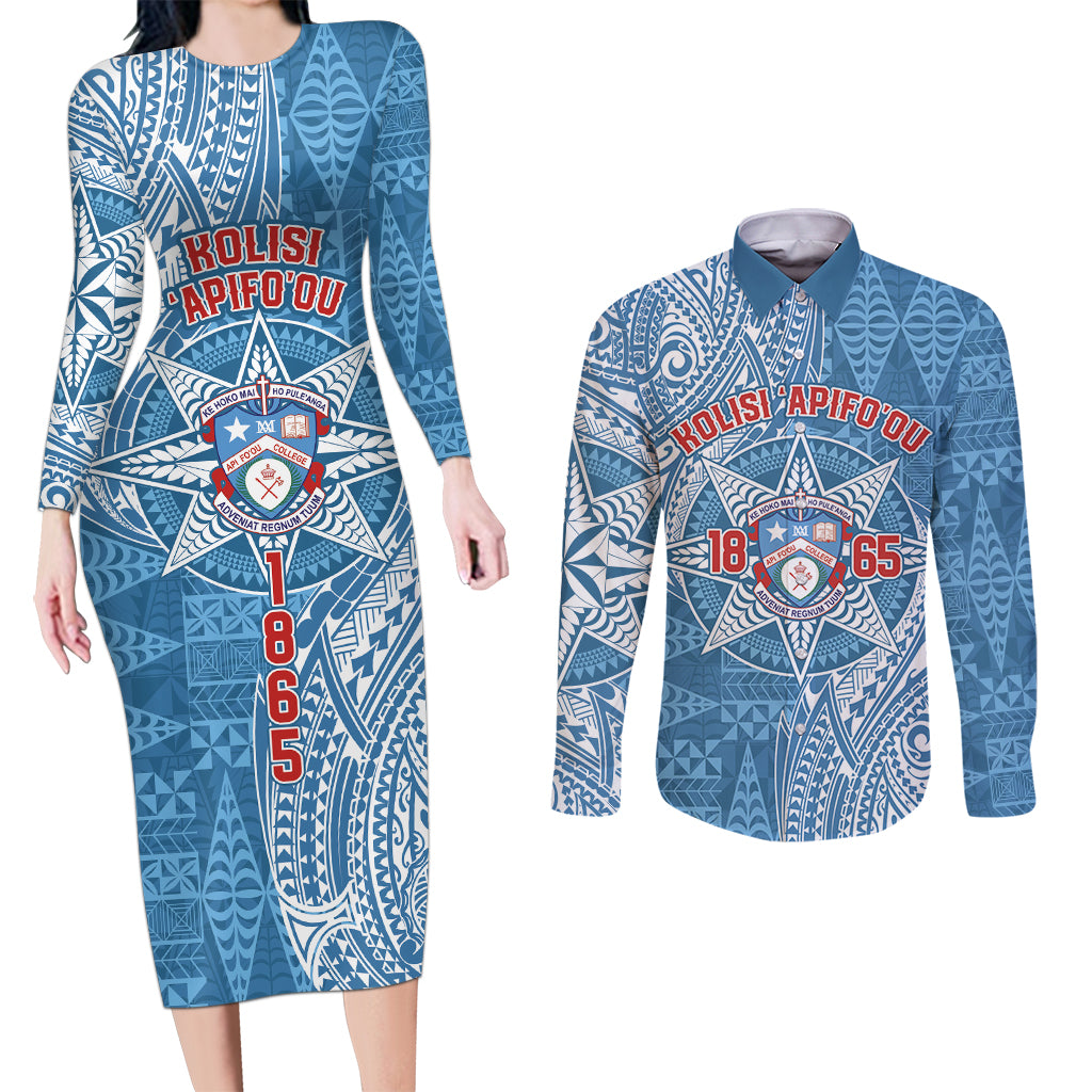 Personalised Tonga Apifo'ou College Couples Matching Long Sleeve Bodycon Dress and Long Sleeve Button Shirt Since 1865 Special Kupesi Pattern LT9 Blue - Polynesian Pride