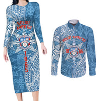 Personalised Tonga Apifo'ou College Couples Matching Long Sleeve Bodycon Dress and Long Sleeve Button Shirt Since 1865 Special Kupesi Pattern LT9 Blue - Polynesian Pride