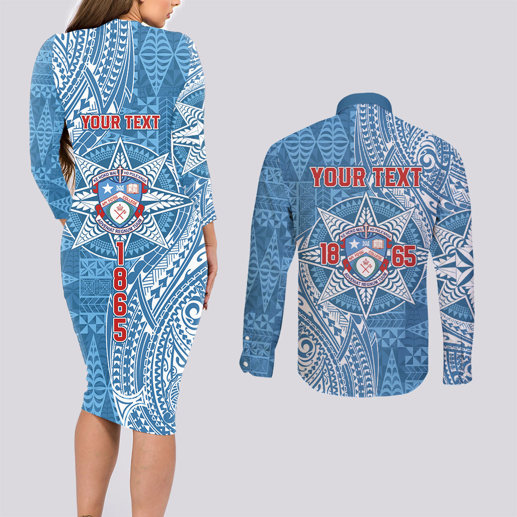 Personalised Tonga Apifo'ou College Couples Matching Long Sleeve Bodycon Dress and Long Sleeve Button Shirt Since 1865 Special Kupesi Pattern LT9 - Polynesian Pride