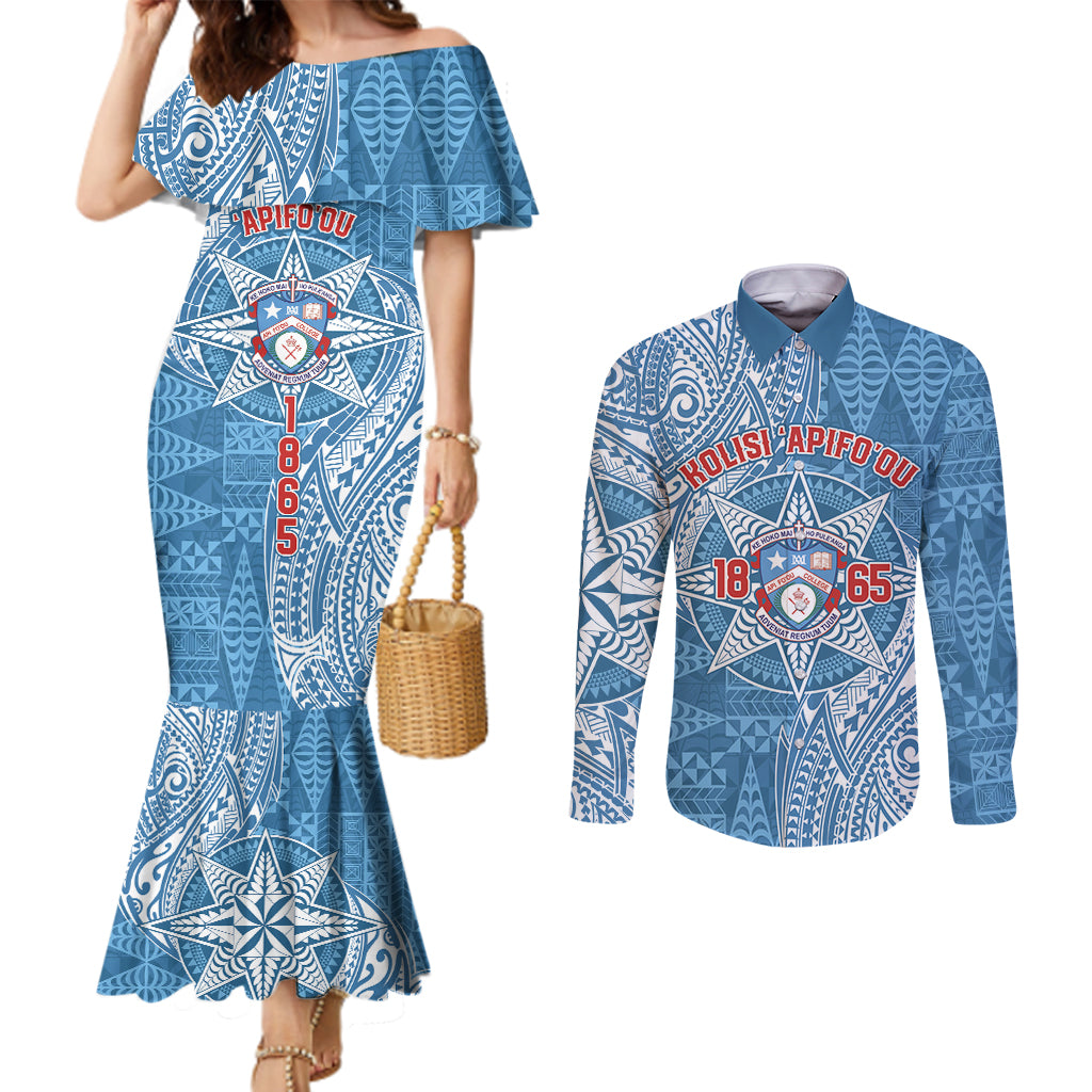 Personalised Tonga Apifo'ou College Couples Matching Mermaid Dress and Long Sleeve Button Shirt Since 1865 Special Kupesi Pattern LT9 Blue - Polynesian Pride