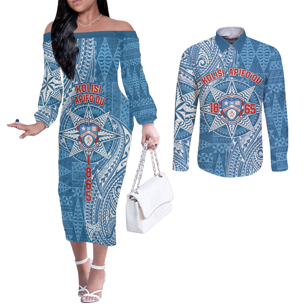Personalised Tonga Apifo'ou College Couples Matching Off The Shoulder Long Sleeve Dress and Long Sleeve Button Shirt Since 1865 Special Kupesi Pattern LT9 Blue - Polynesian Pride