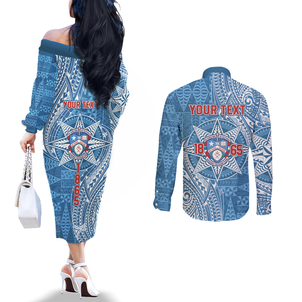 Personalised Tonga Apifo'ou College Couples Matching Off The Shoulder Long Sleeve Dress and Long Sleeve Button Shirt Since 1865 Special Kupesi Pattern LT9 - Polynesian Pride