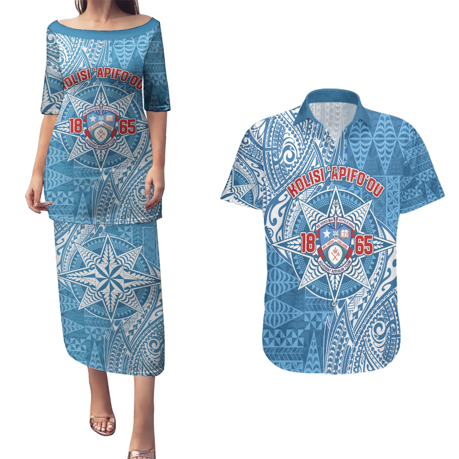 Personalised Tonga Apifo'ou College Couples Matching Puletasi and Hawaiian Shirt Since 1865 Special Kupesi Pattern