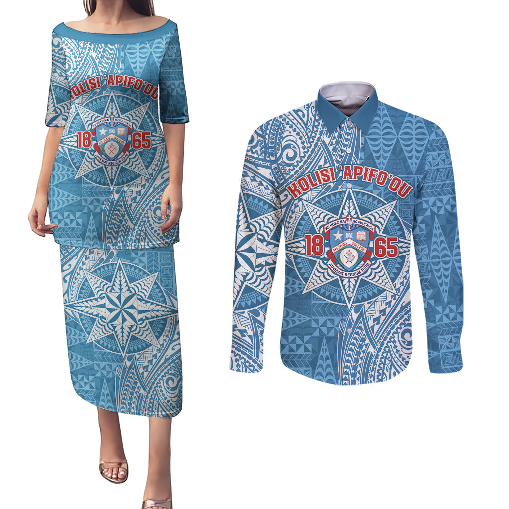 Personalised Tonga Apifo'ou College Couples Matching Puletasi and Long Sleeve Button Shirt Since 1865 Special Kupesi Pattern LT9 Blue - Polynesian Pride