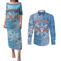 Personalised Tonga Apifo'ou College Couples Matching Puletasi and Long Sleeve Button Shirt Since 1865 Special Kupesi Pattern LT9 Blue - Polynesian Pride