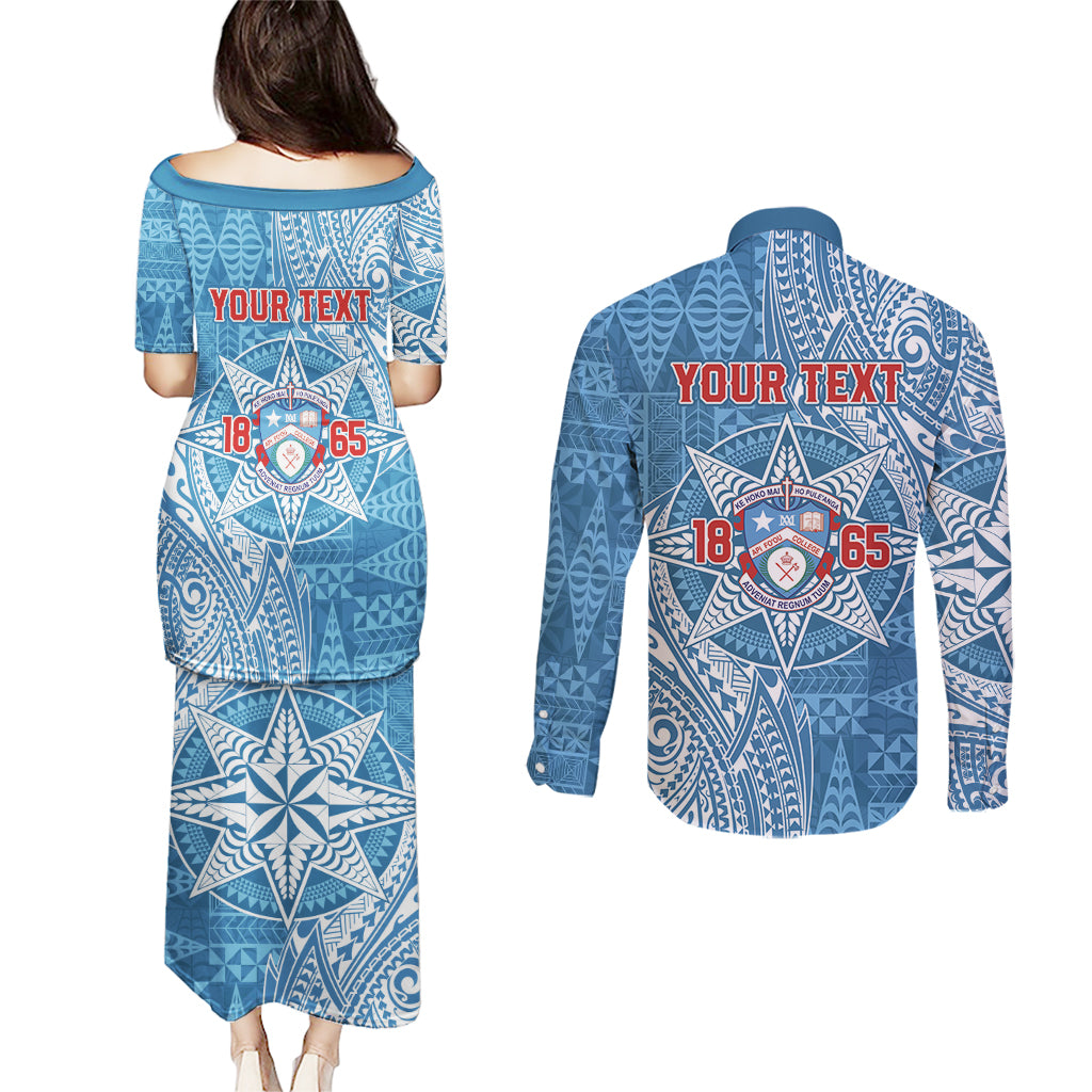 Personalised Tonga Apifo'ou College Couples Matching Puletasi and Long Sleeve Button Shirt Since 1865 Special Kupesi Pattern LT9 - Polynesian Pride