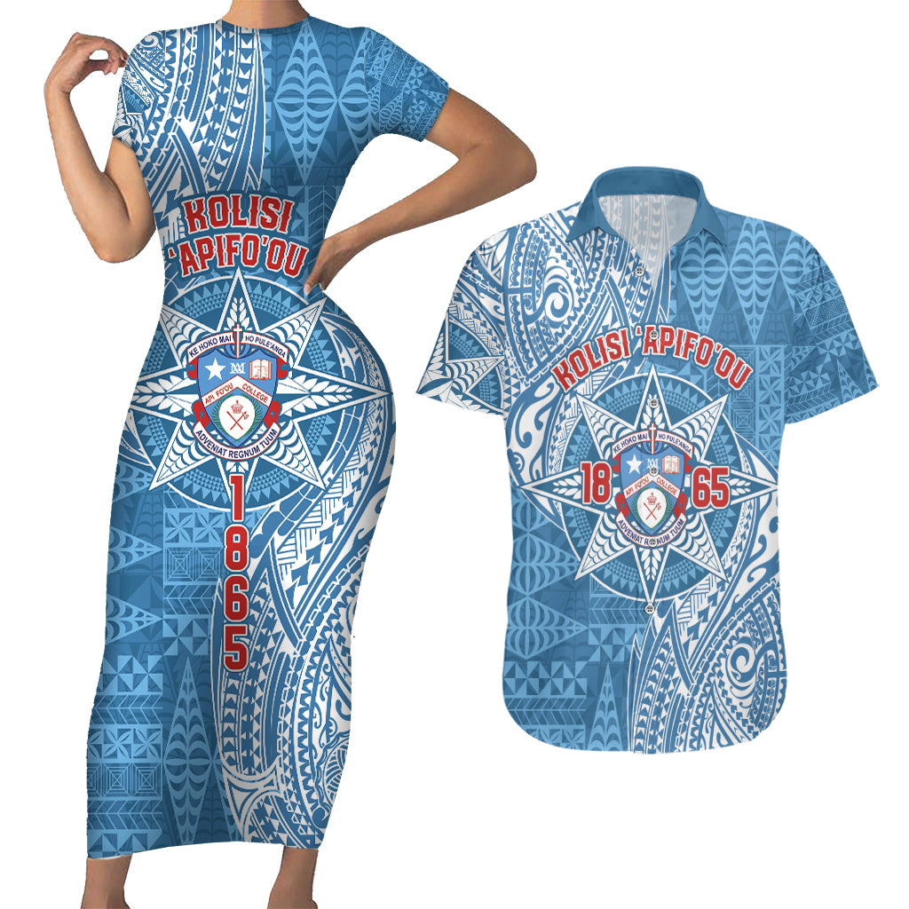 Personalised Tonga Apifo'ou College Couples Matching Short Sleeve Bodycon Dress and Hawaiian Shirt Since 1865 Special Kupesi Pattern