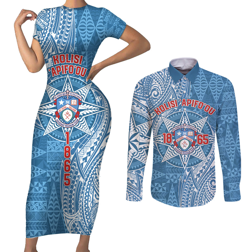 Personalised Tonga Apifo'ou College Couples Matching Short Sleeve Bodycon Dress and Long Sleeve Button Shirt Since 1865 Special Kupesi Pattern LT9 Blue - Polynesian Pride