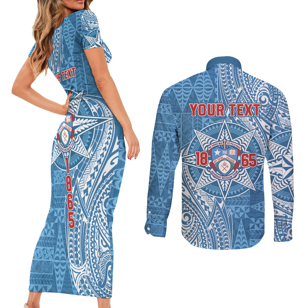 Personalised Tonga Apifo'ou College Couples Matching Short Sleeve Bodycon Dress and Long Sleeve Button Shirt Since 1865 Special Kupesi Pattern LT9 - Polynesian Pride